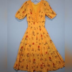 J. Gee Women’s Small Yellow Floral Boho Midi Dress Smocked Waist Button Front